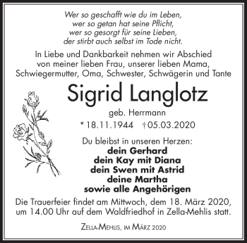 Traueranzeige von Sigrid Langlotz von Südthüringer Presse