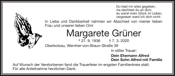 Traueranzeige von Margarete Grüner von Frankenpost