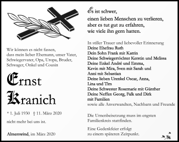 Traueranzeige von Ernst Kranich von Südthüringer Presse