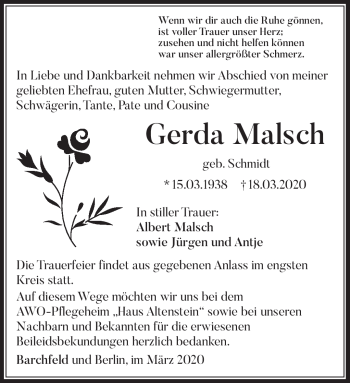 Traueranzeige von Gerda Malsch von Südthüringer Presse