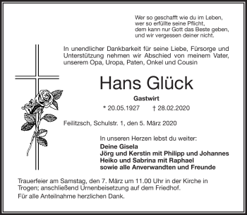 Traueranzeige von Hans Glück von Frankenpost
