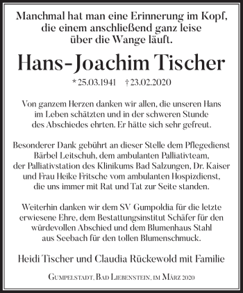 Traueranzeige von Hans-Joachim Tischer von Südthüringer Presse