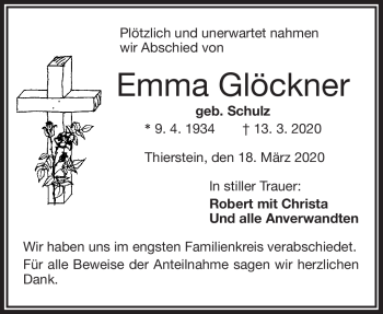 Traueranzeige von Emma Glöckner von Frankenpost