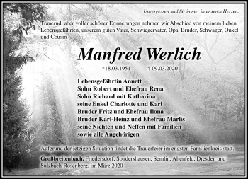 Traueranzeige von Manfred Wehrlich von Südthüringer Presse