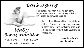 Traueranzeige von Wally Bernscheider von Südthüringer Presse