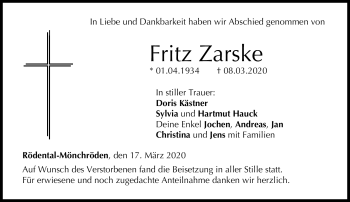 Traueranzeige von Fritz Zarske von Neue Presse Coburg