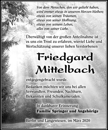 Traueranzeige von Friedgard Mittelbach von Südthüringer Presse
