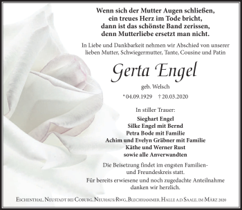 Traueranzeige von Gerta Engel von Südthüringer Presse