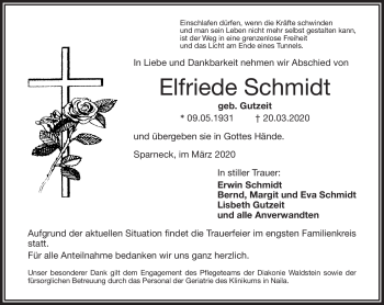 Traueranzeige von Elfriede Schmidt von Frankenpost