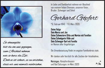 Traueranzeige von Gerhard Göpfert von Südthüringer Presse
