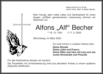 Traueranzeige von Alfons Becher von Frankenpost