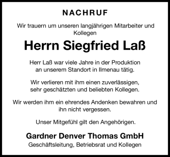 Traueranzeige von Siegfried Laß von Südthüringer Presse