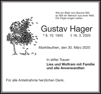 Traueranzeige von Gustav Hager von Frankenpost