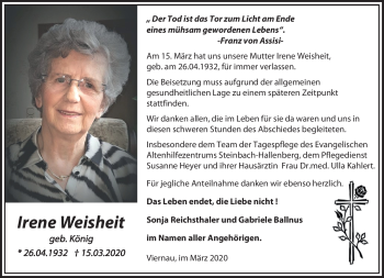Traueranzeige von Irene Weisheit von Südthüringer Presse
