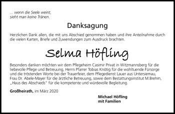 Traueranzeige von Selma Höfling von Neue Presse Coburg