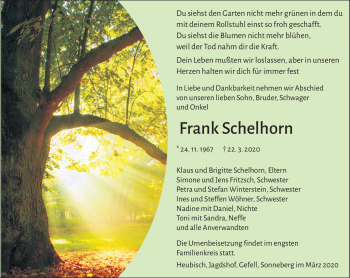 Traueranzeige von Frank Schelhorn von Südthüringer Presse