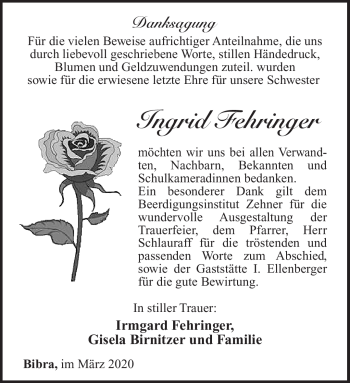 Traueranzeige von Ingrid Fehringer von Südthüringer Presse