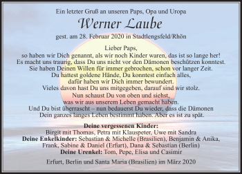 Traueranzeige von Werner Laube von Südthüringer Presse