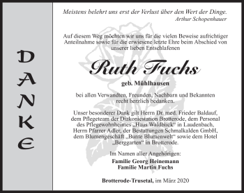 Traueranzeige von Ruth Fuchs von Südthüringer Presse