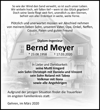 Traueranzeige von Bernd Meyer von Südthüringer Presse