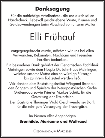 Traueranzeige von Elli Frühauf von Südthüringer Presse