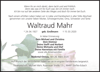 Traueranzeige von Waltraud Mahr von Neue Presse Coburg