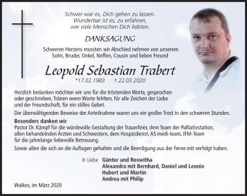 Traueranzeige von Leopold Sebastian Trabert von Südthüringer Presse