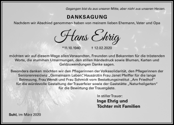 Traueranzeige von Hans Ehrig von Südthüringer Presse