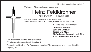 Traueranzeige von Heinz Feldkirchner von Frankenpost