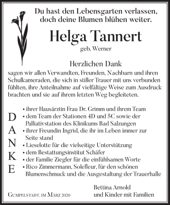 Traueranzeige von Helga Tannert von Südthüringer Presse