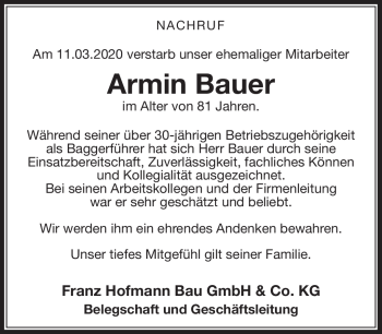 Traueranzeige von Armin Bauer von Neue Presse Coburg