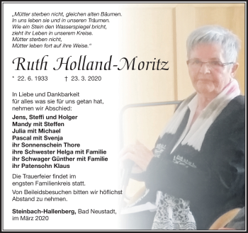 Traueranzeige von Ruth Holland-Moritz von Südthüringer Presse