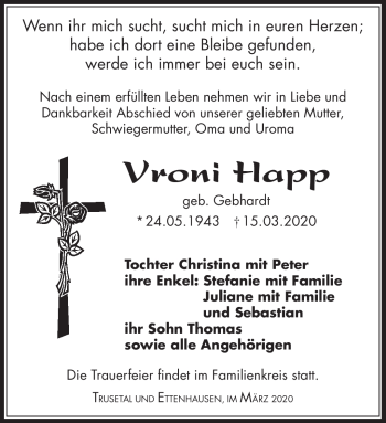 Traueranzeige von Vroni Happ von Südthüringer Presse