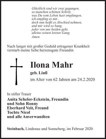 Traueranzeige von Ilona Mahr von Südthüringer Presse