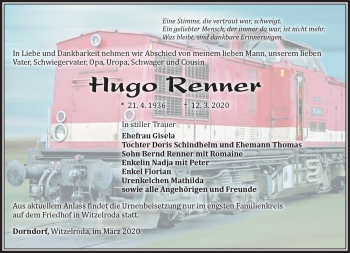 Traueranzeige von Hugo Renner von Südthüringer Presse