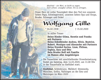Traueranzeige von Wolfgang Gille von Südthüringer Presse