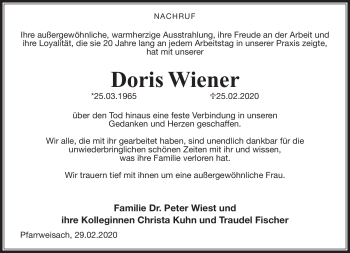 Traueranzeige von Doris Wiener von Neue Presse Coburg