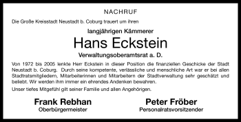 Traueranzeige von Hans Eckstein von Neue Presse Coburg