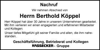 Traueranzeige von Berthold Köppel von Frankenpost