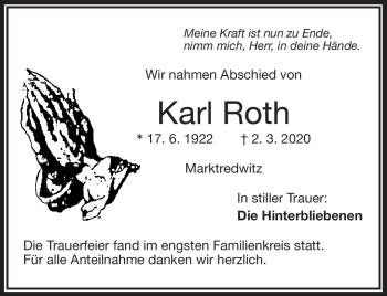 Traueranzeige von Karl r Roth von Frankenpost
