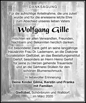 Traueranzeige von Wolfgang Gille von Südthüringer Presse