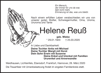Traueranzeige von Helene Reuß von Neue Presse Coburg