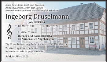 Traueranzeige von Ingeborg Druselmann von Südthüringer Presse