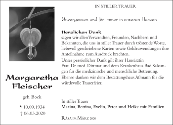 Traueranzeige von Margaretha Fleischer von Südthüringer Presse