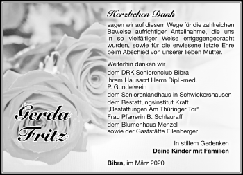 Traueranzeige von Gerda Fritz von Südthüringer Presse