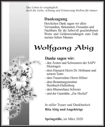 Traueranzeige von Wolfgang Abig von Südthüringer Presse