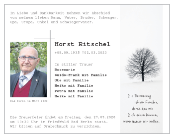 Traueranzeige von Horst Ritschel von Südthüringer Presse