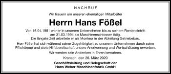 Traueranzeige von Hans Fößel von Neue Presse Coburg