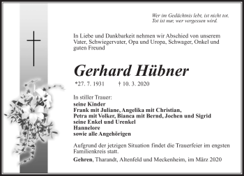 Traueranzeige von Gerhard Hübner von Südthüringer Presse