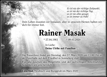 Traueranzeige von Ranier Masak von Südthüringer Presse